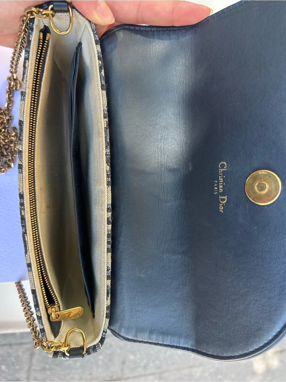 Dior Blue Navy Monogram Canvas Phone Wallet with Gold D-Ring